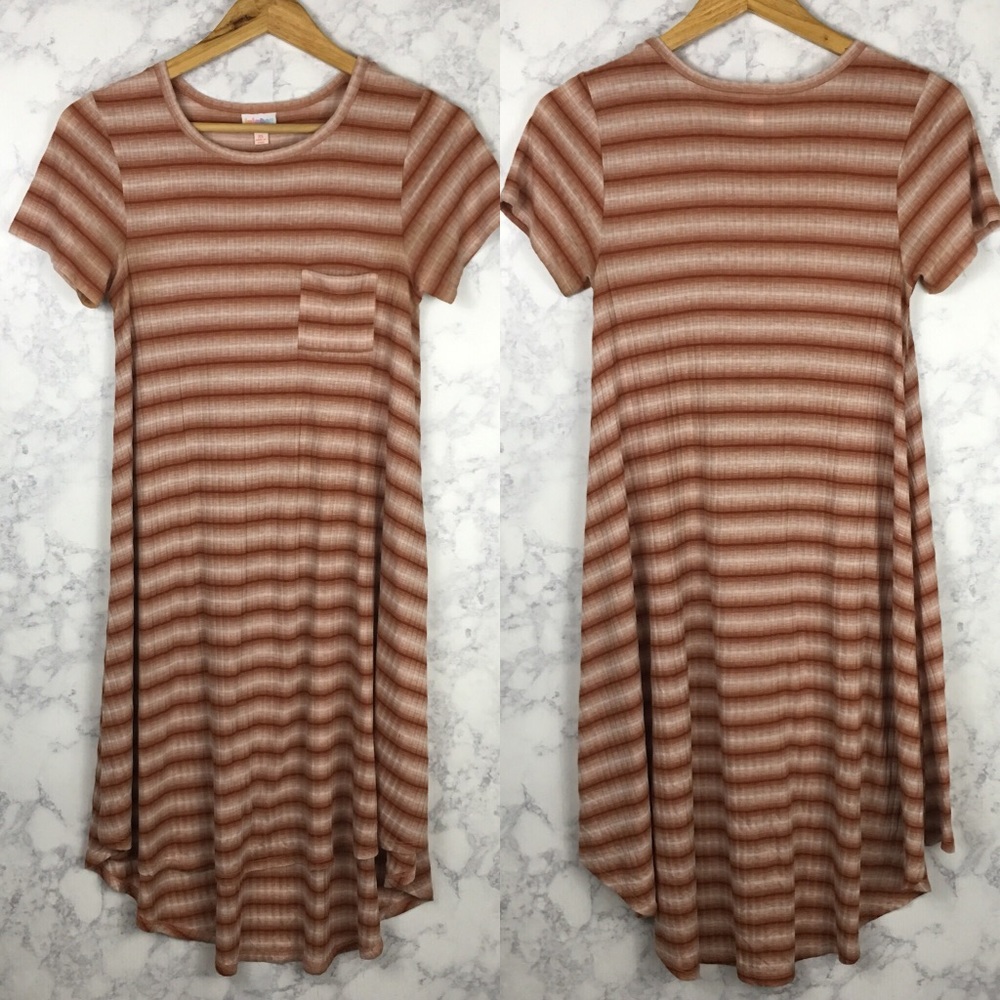 LulaRoe Carly Dress Orange White Striped Hi-Low